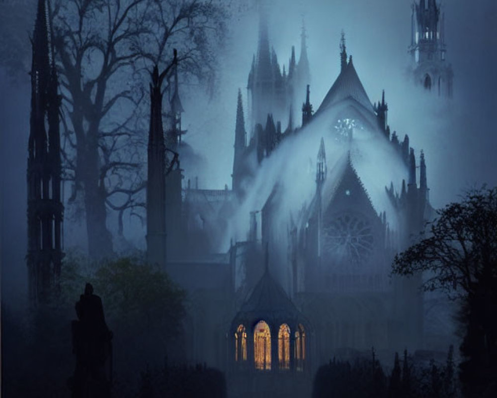 Gothic cathedral in fog with illuminated windows at twilight