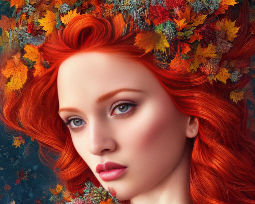 Vibrant red hair woman portrait with autumn leaves on blue background