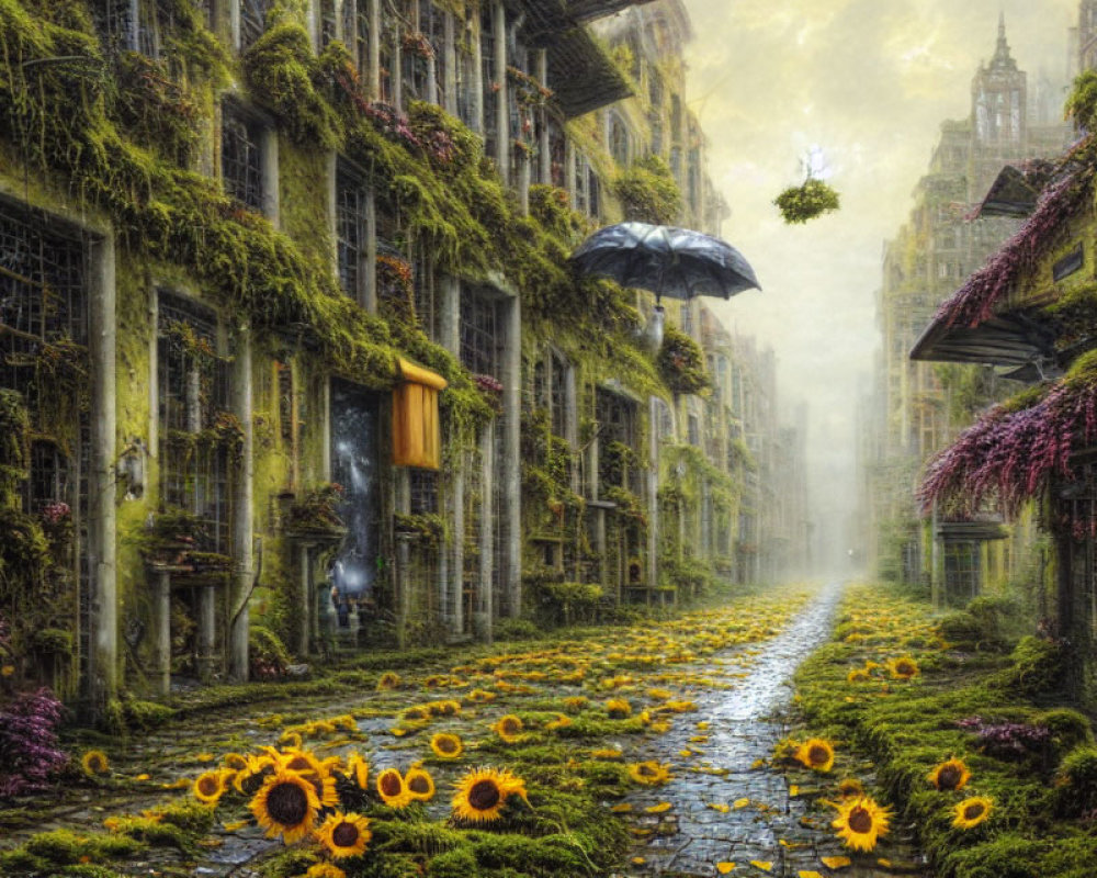 Fantastical street scene with overgrown buildings, sunflowers, and floating umbrella