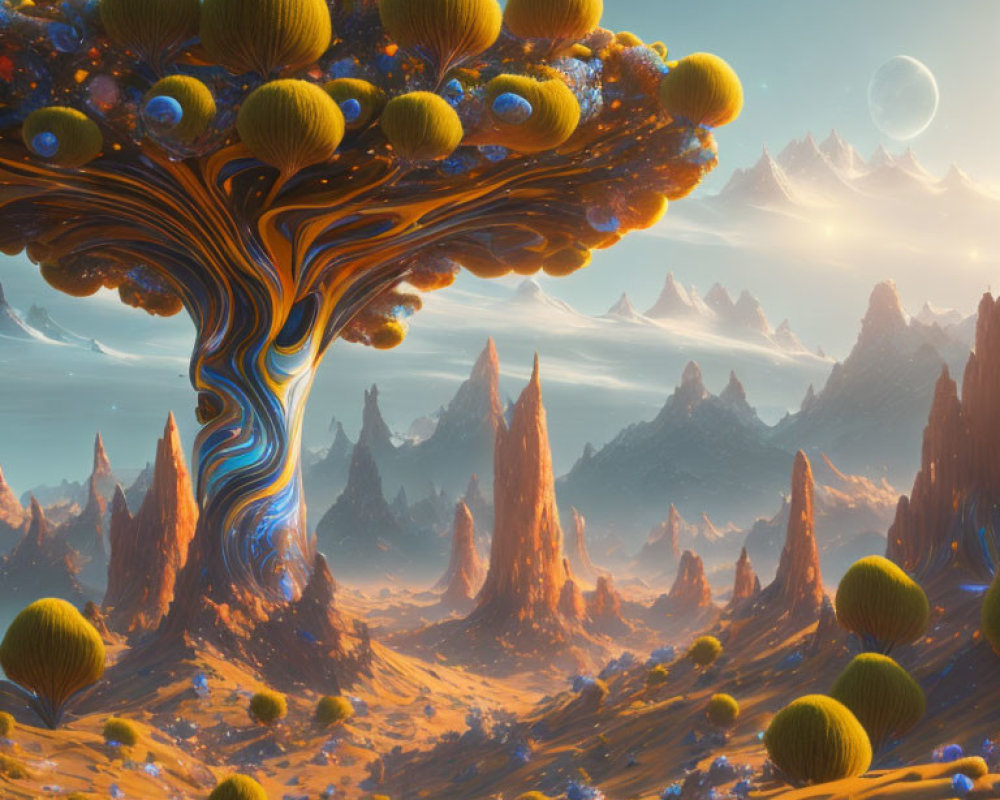 Surreal landscape with giant tree and moons in sky