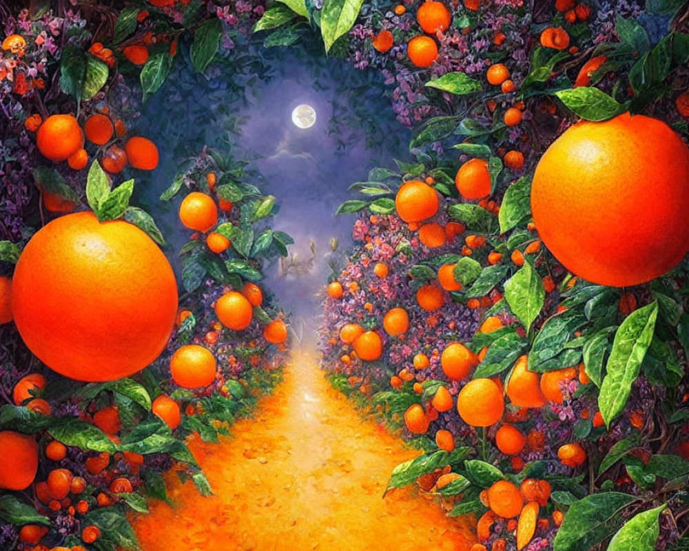 Moonlit orange tree path with mist and ripe fruit