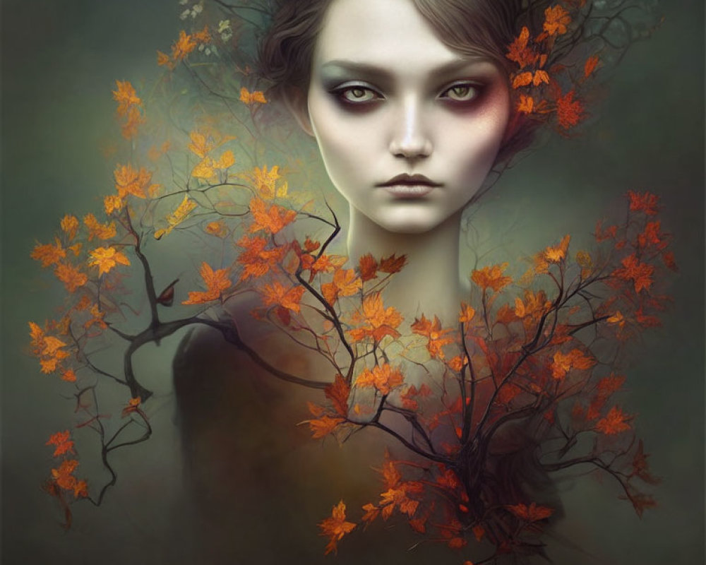 Surreal portrait with branches and autumn leaves sprouting from head