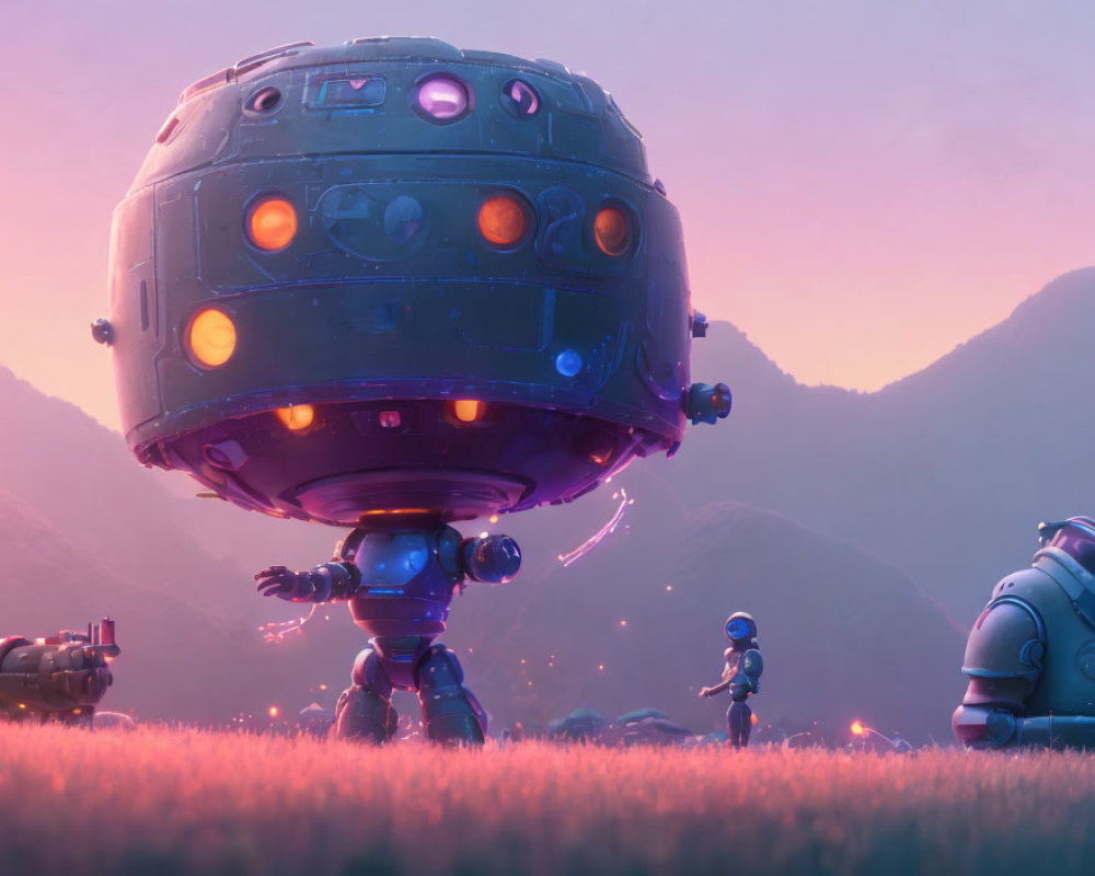 Astronaut encounters spherical robot in alien landscape at dusk