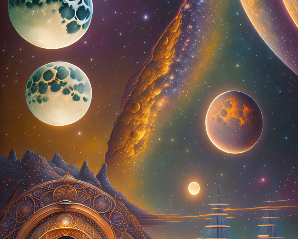 Detailed cosmic landscape with moons, fiery planet, ships, and starry sky.