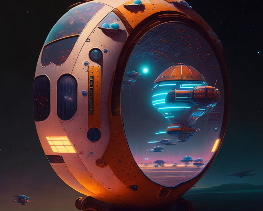 Futuristic spherical structure on foreign planet with flying vehicles in dusky sky