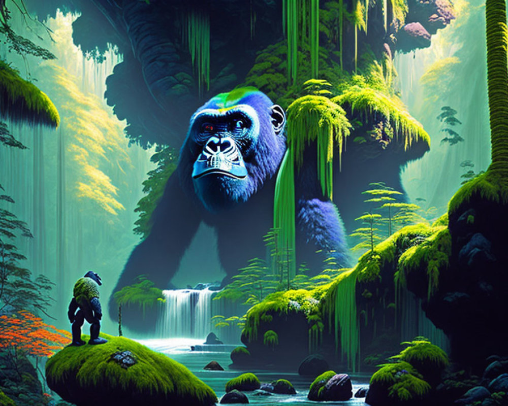 Colossal blue gorilla and small figure in lush jungle landscape