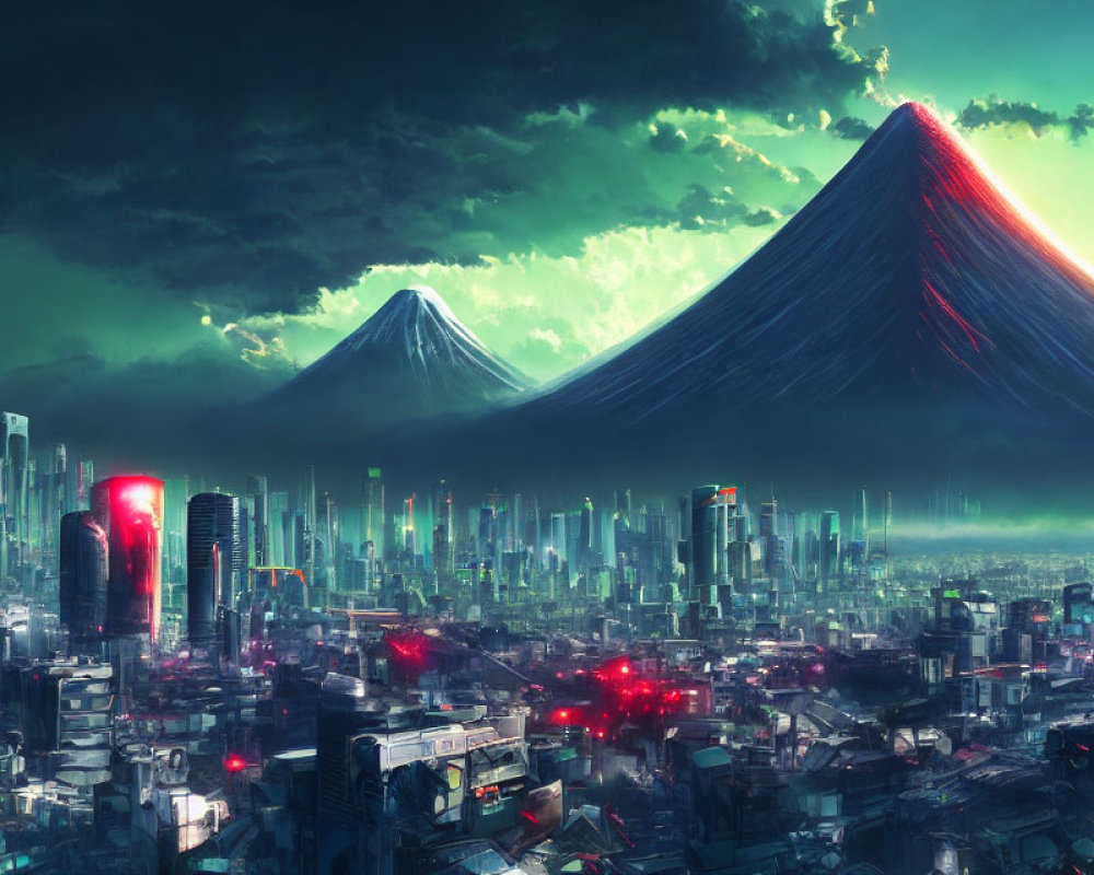 Futuristic twilight cityscape with erupting volcano under green sky