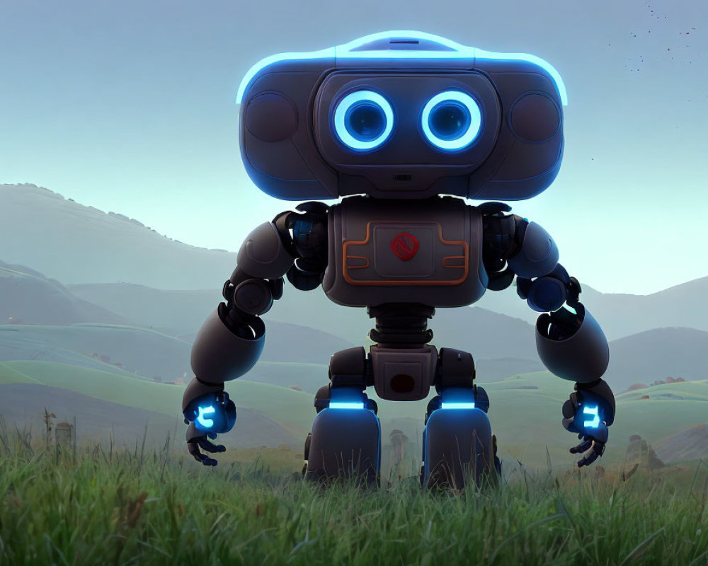 Friendly Robot with Glowing Blue Eyes in Green Field