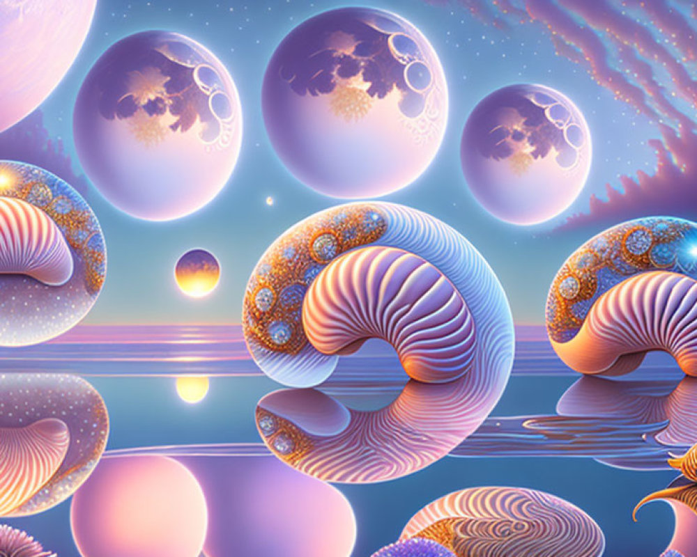 Surreal landscape with nautilus shells, moons, and purple sky