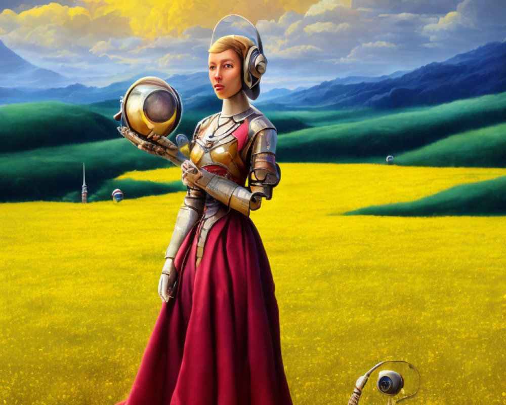 Female warrior in medieval armor and red dress in flower field with futuristic twist under stormy sky