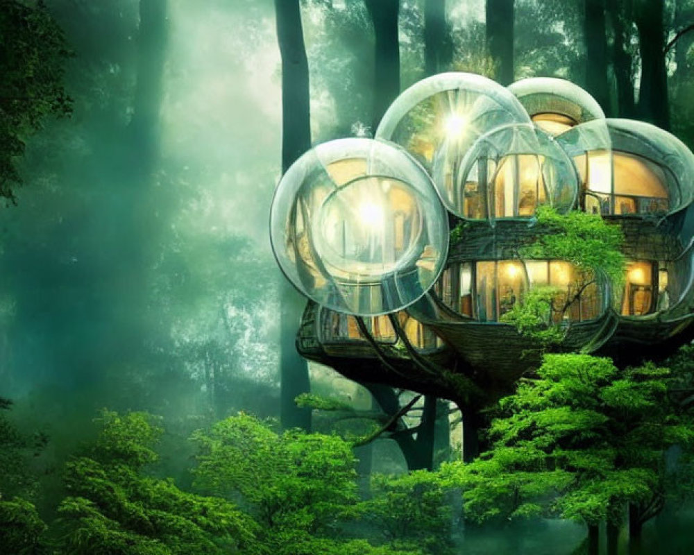 Enchanting treehouse with glass-like rooms in lush forest