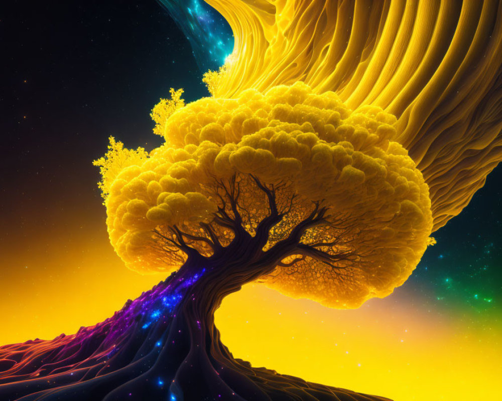 Colorful digital artwork of luminous tree against cosmic backdrop