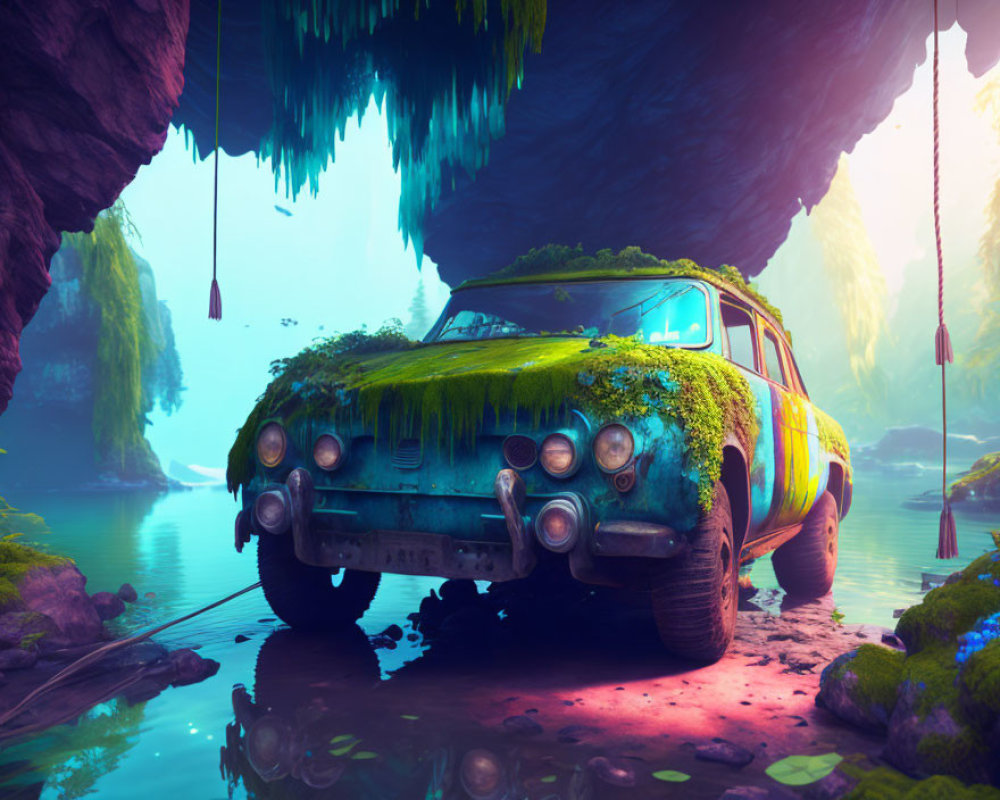 Moss-covered car under natural archway by tranquil waters