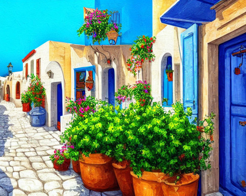 Colorful Mediterranean Street Scene with Blue Doors, White Walls, Cobblestone Path, and Flowers