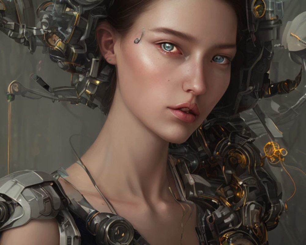 Cybernetic young woman with headset and luminous orb in futuristic setting.