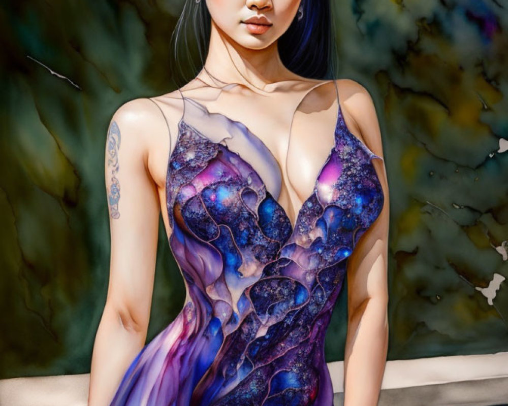 Woman with Arm Tattoo Wearing Cosmic Dress in Abstract Setting