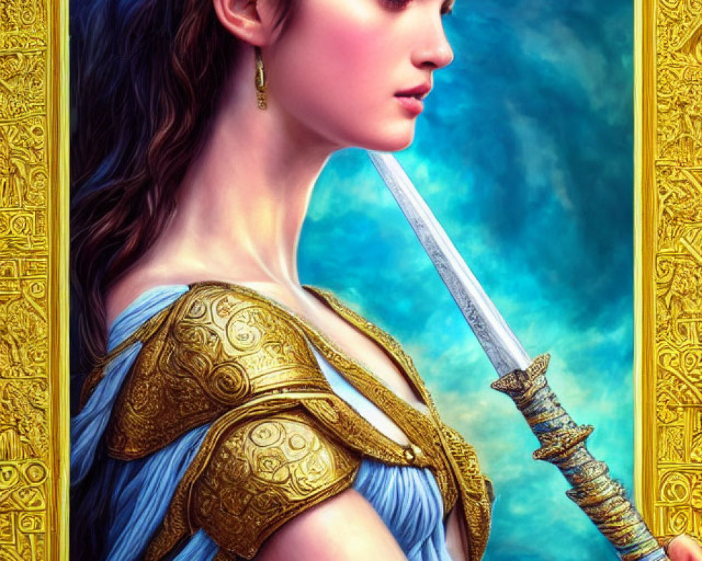 Regal woman in profile with crown and sword, dressed in blue and gold attire