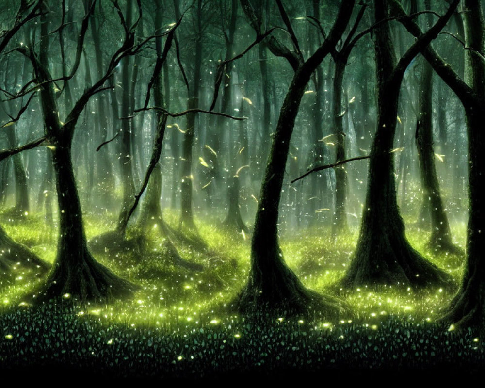 Mystical forest with fireflies and glowing trees at twilight