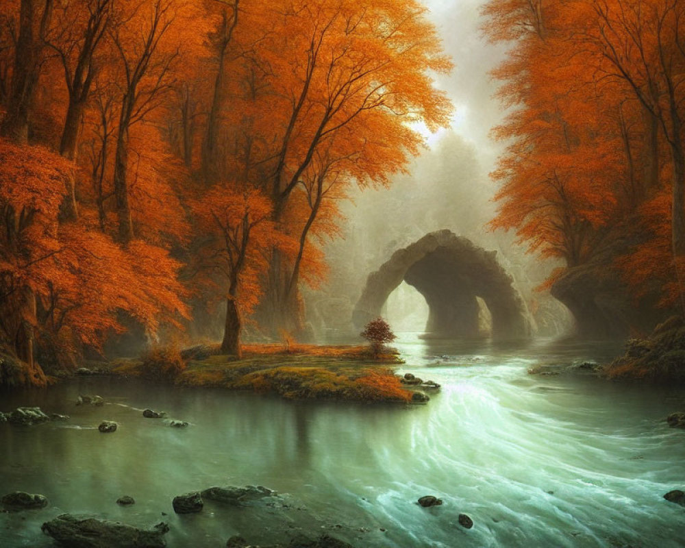 Serene autumn landscape with ancient stone bridge and misty river