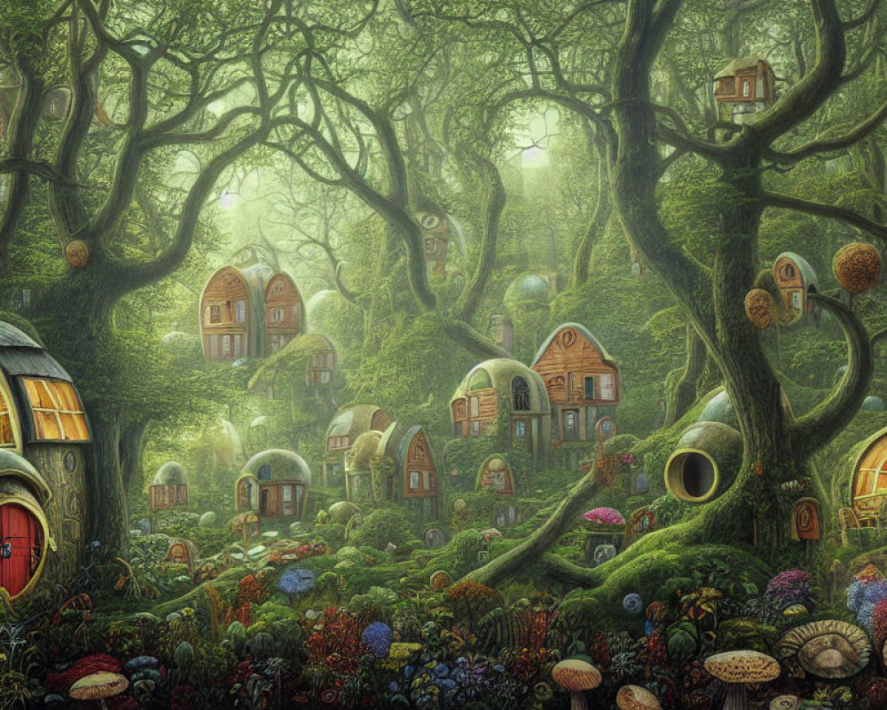 Magical Enchanted Forest with Whimsical Treehouses and Vibrant Flora