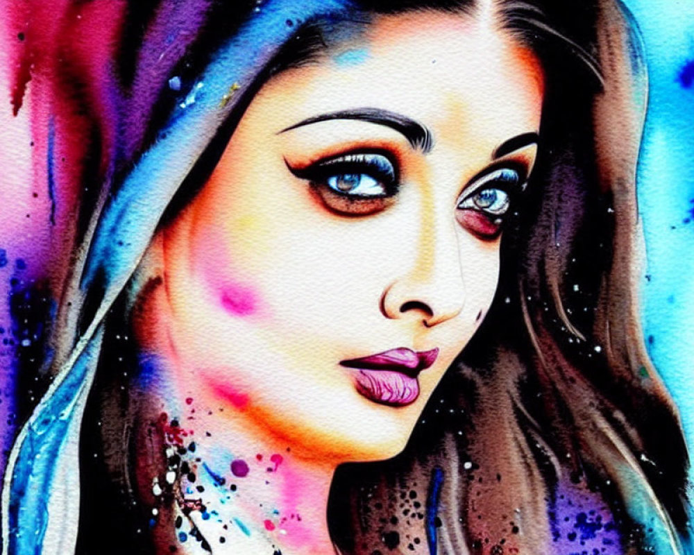 Colorful Watercolor Portrait of Woman with Striking Eyes