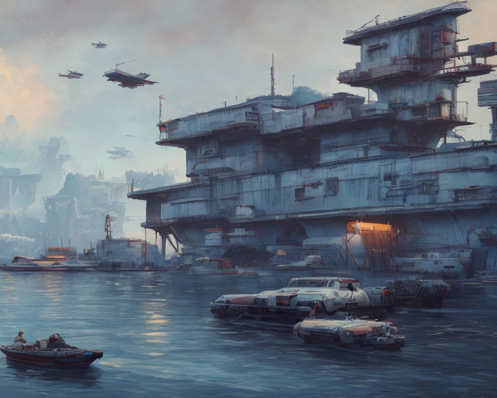 Futuristic marine cityscape with towering, weathered buildings, boats, and flying vehicles at dawn