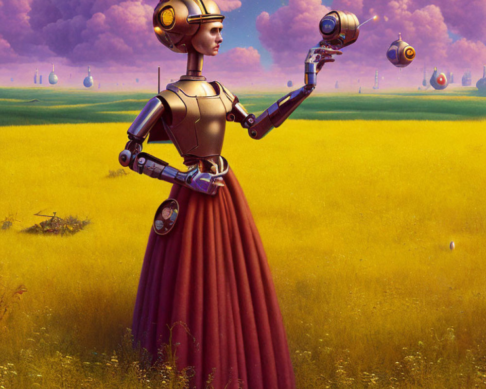 Steampunk-inspired female robot in Victorian dress interacts with floating orbs in golden field.