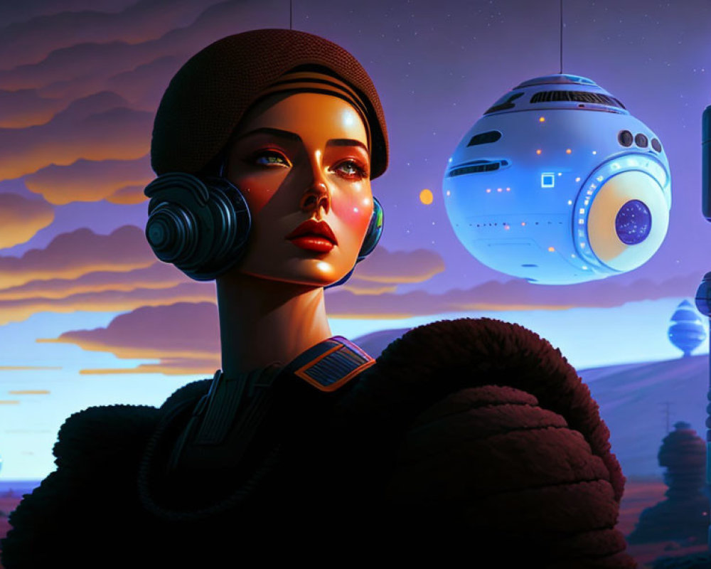 Futuristic woman with headphones and robot in sci-fi sunset landscape