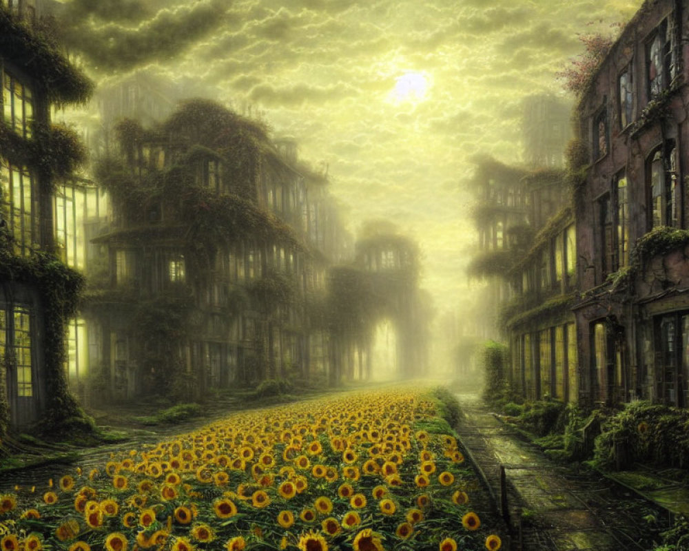 Overgrown street with dilapidated buildings and sunflower carpet