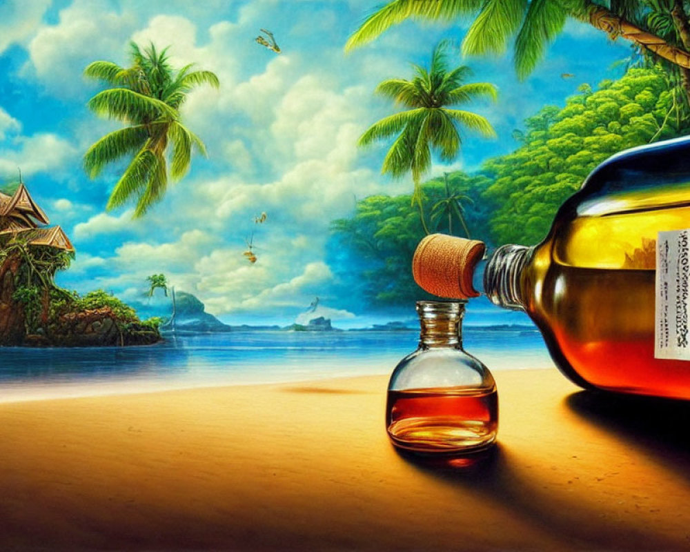 Surreal beach illustration with large and small bottles in tropical setting