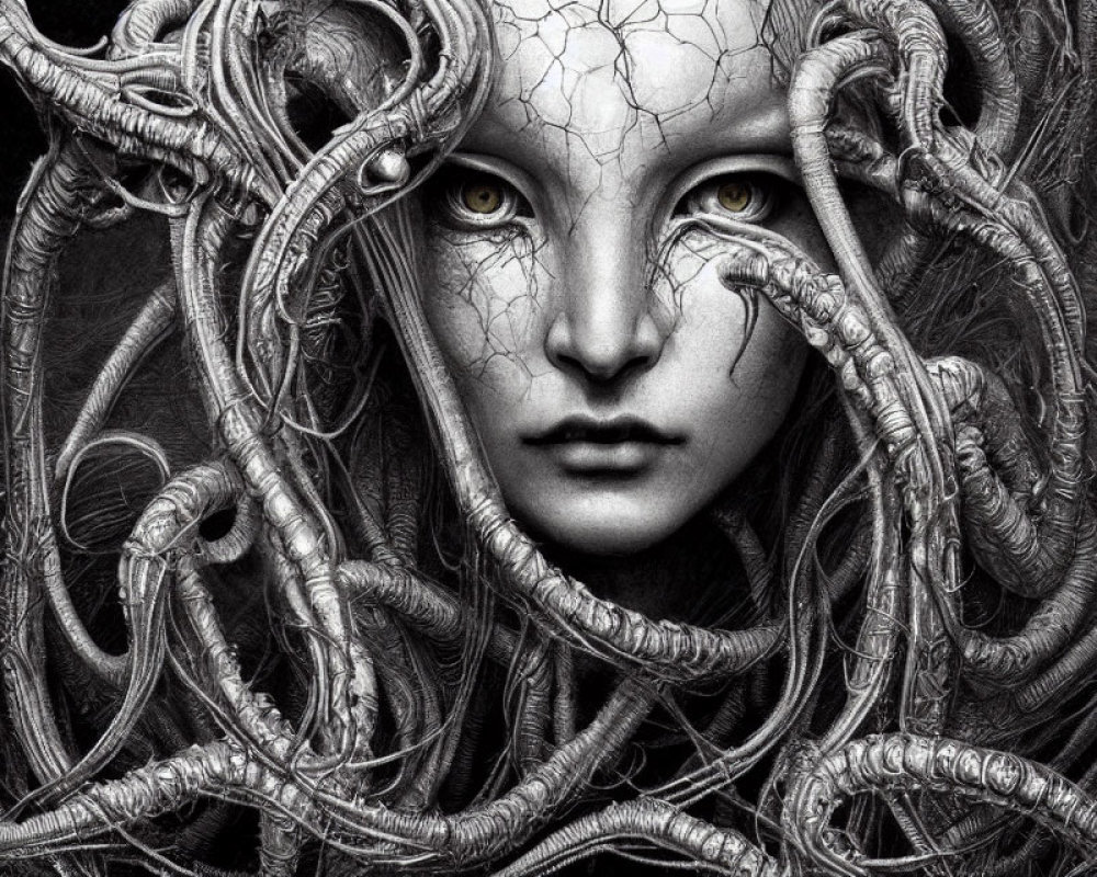 Monochromatic surreal female figure with serpentine hair and yellow eyes