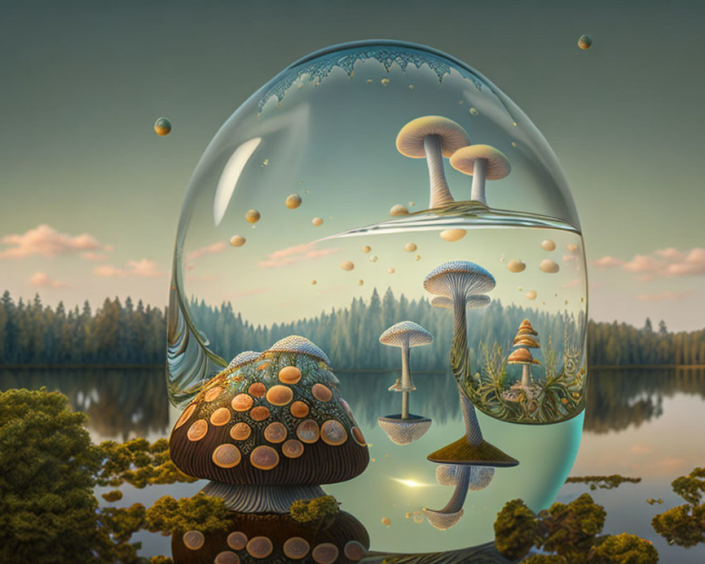 Digital Artwork: Mushrooms in Bubble with Forest Background