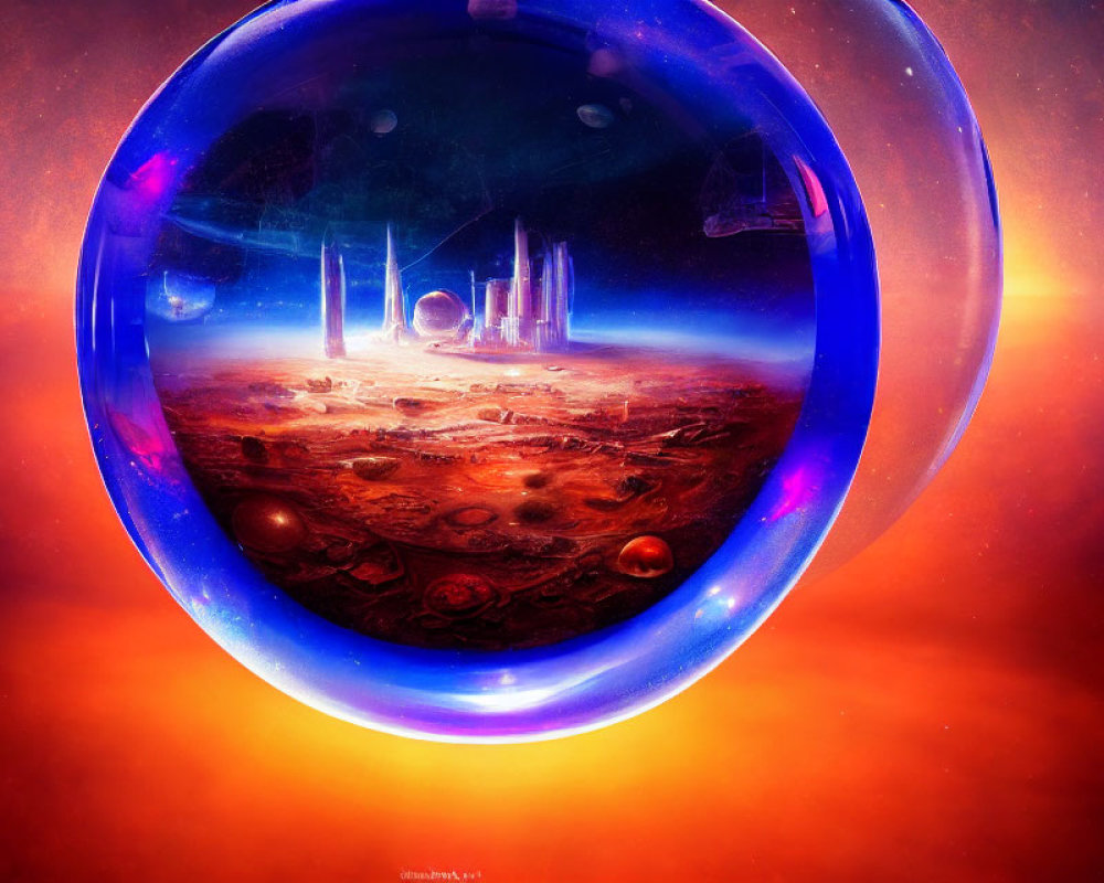 Surreal landscape in bubble with futuristic structures on cosmic backdrop