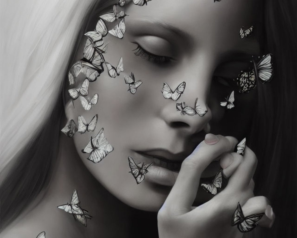 Monochromatic woman portrait with butterflies, serene and mystical ambiance