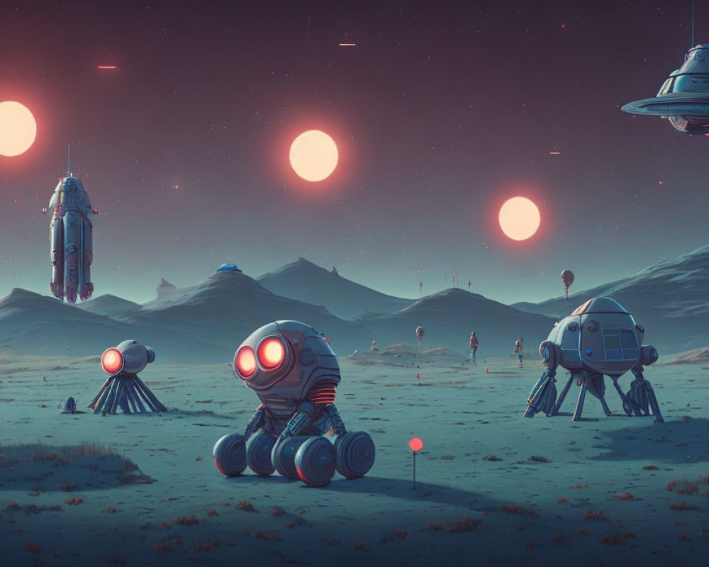 Robots in desert landscape with red suns and spaceships