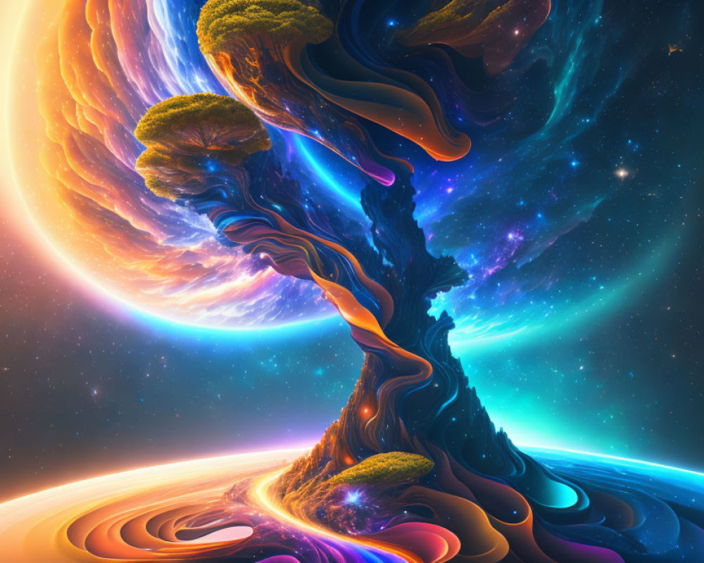 Colorful surreal cosmic tree in starry space with dynamic lighting