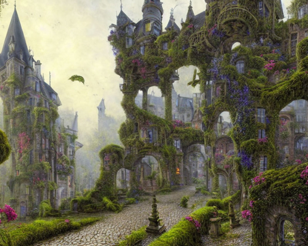 Fantasy castle covered in vines and flowers in a mystical forest