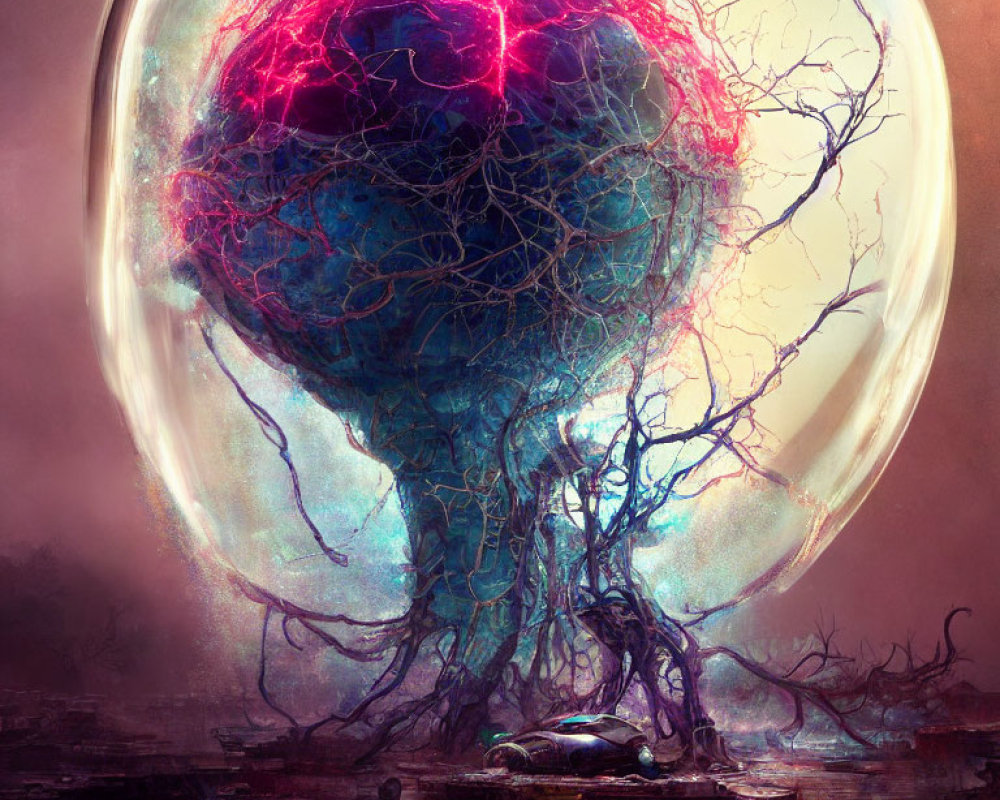 Surreal sci-fi scene: Giant tree-like structure with glowing branches and large orb