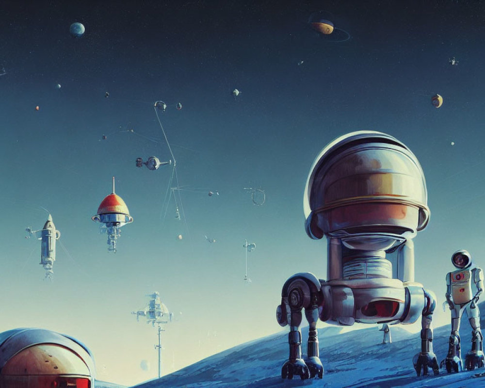 Sci-fi scene with robots, spacecraft, and starry sky on distant planet