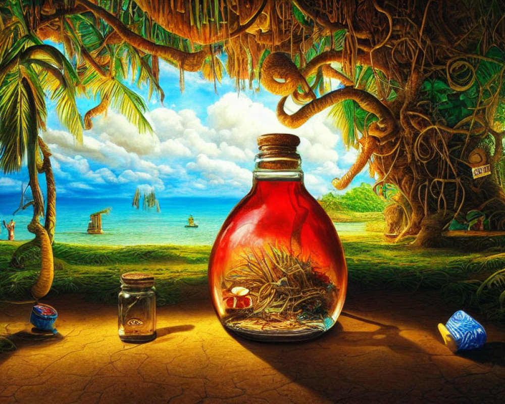 Colorful beach scene with giant bottle shipwreck and treasure surrounded by smaller bottles and sailboats