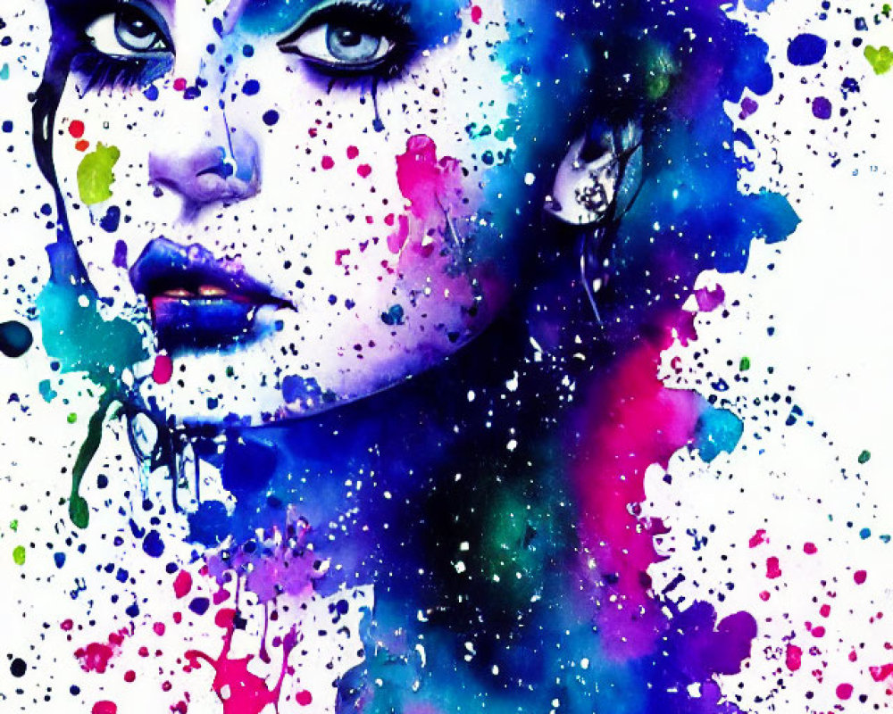 Colorful watercolor painting of woman's face with blue, purple, and pink hues blending into abstract