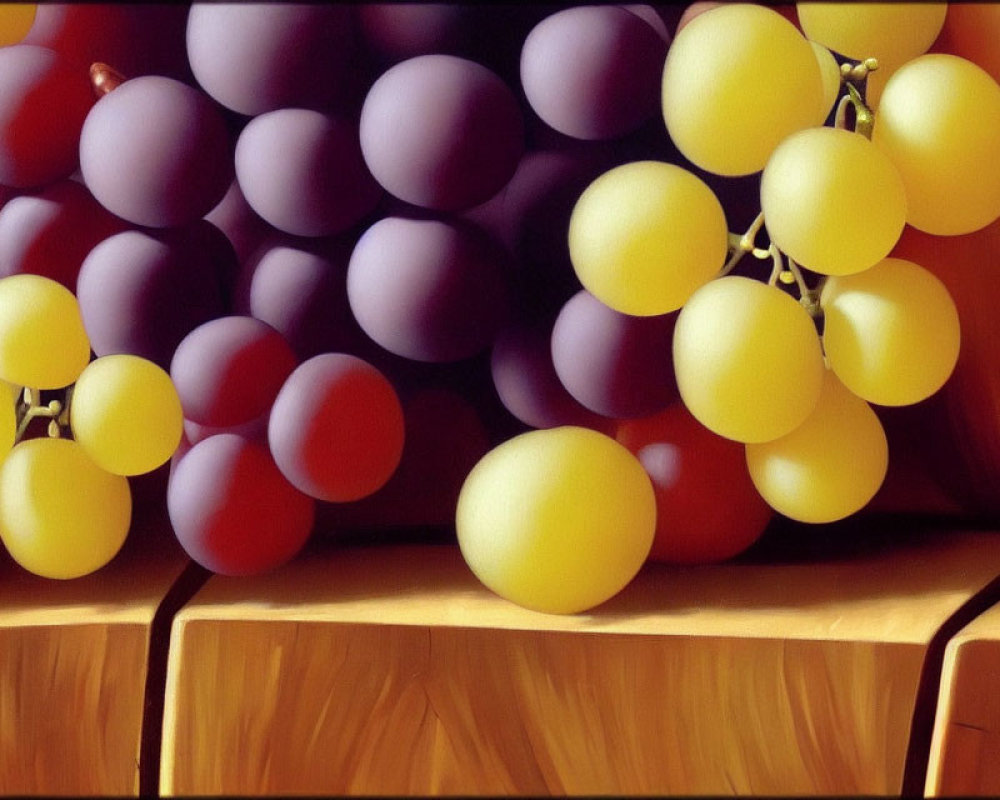 Realistic painting of purple and yellow grapes on wooden surface