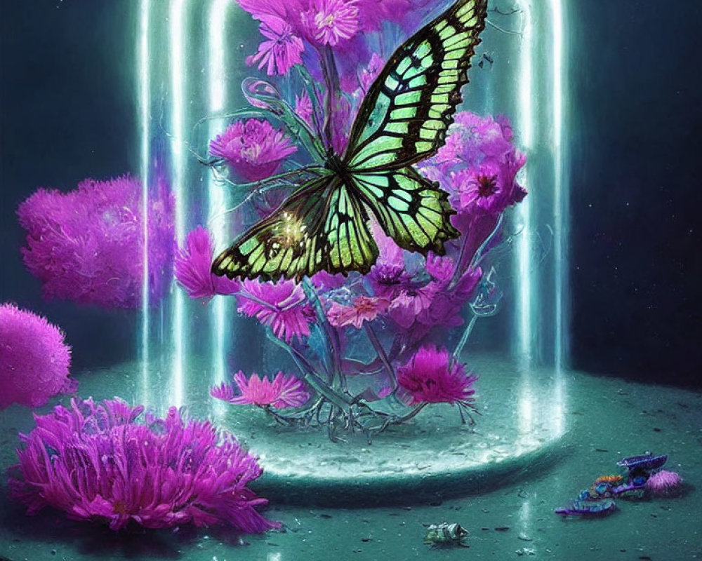 Colorful Butterfly in Glass Jar with Pink Flowers and Neon Lights