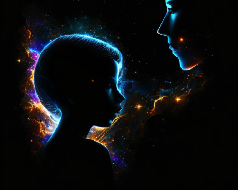 Silhouettes of child and adult against cosmic background with blue and orange nebula.