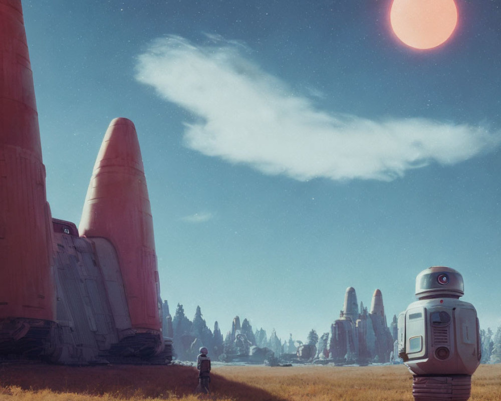 Person and droid on desolate landscape with tall structures and red sun