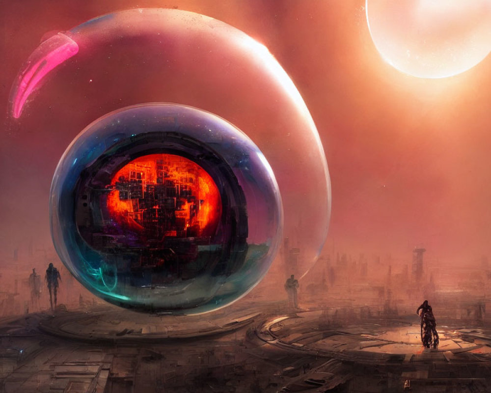 Sci-fi scene: Large orbs float above dystopian landscape