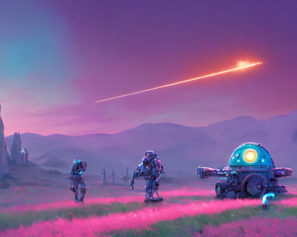 Futuristic robots in purple field under starry sky with falling star