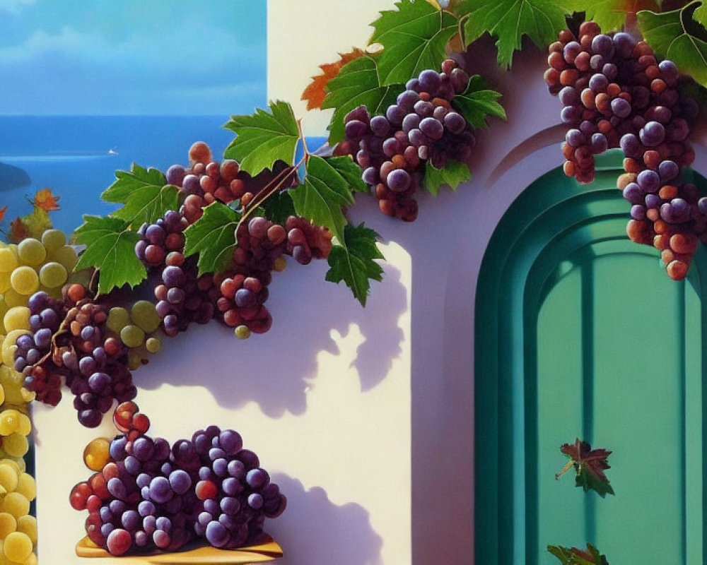 Vibrant grapevines by teal door, serene sea view, lighthouse glimpse