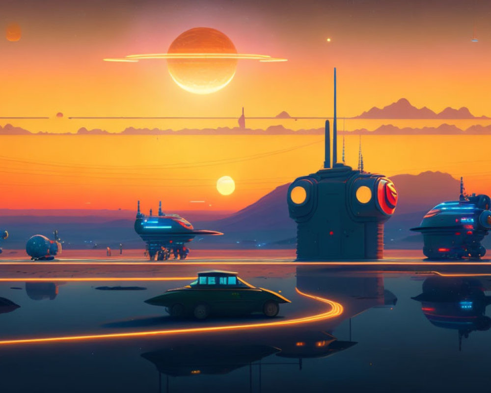 Retro-futuristic landscape with multiple suns and reflective waters