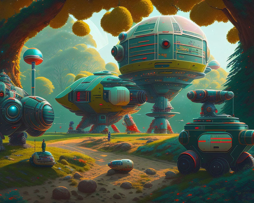 Colorful digital artwork of whimsical robots in a vibrant forest with fantastical trees.